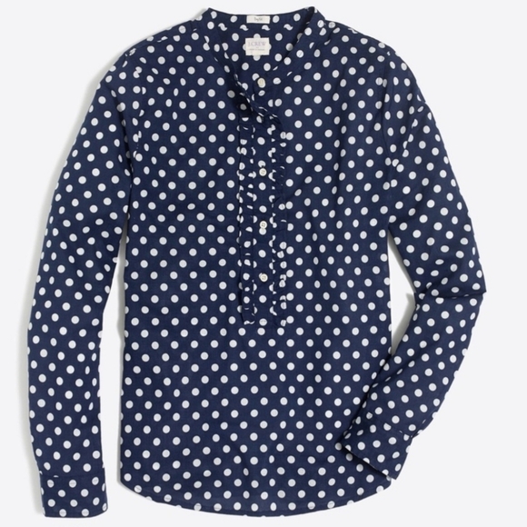 J. Crew Ruffle-front Popover Henley Shirt Women's Medium M Navy Blue Polka Dot - Picture 1 of 6